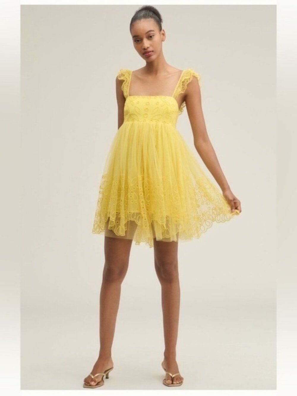 ANTHROPOLOGIE Let Me Be Eyelet Tulle Mini Dress Yellow Size M NEW